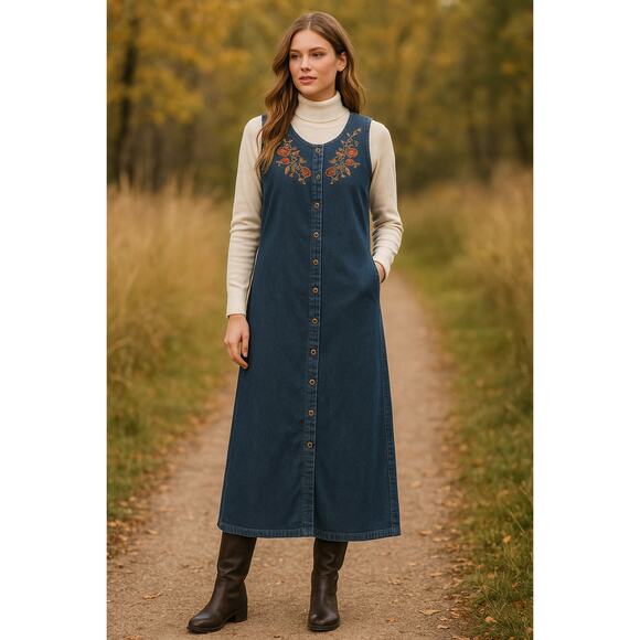 VTG White Stag SZ M 8/10 Embroidered Denim Button Front Tank Maxi Dress Pockets - Picture 1 of 6